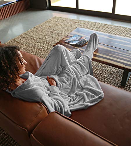 Catalonia Wearable Fleece Blanket with Sleeves and Foot Pockets for Adult Women Men, Micro Plush Comfy Wrap Sleeved Throw Blanket Robe Large, Grey