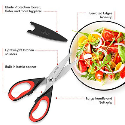 iBayam Kitchen Scissors/Shears Heavy Duty Meat Shears, Dishwasher Safe Food Cooking Poultry Scissors All Purpose Stainless Steel Utility Scissors, 2-Pack (Black Red, Black Gray)