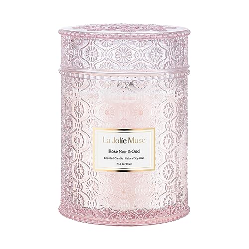 LA JOLIE MUSE Rose Noir & Oud Scented Candle, Rose Candle for Home, Candle Gift for Women, Wood Wicked Glass Jar Candles for Home Scented, Large Candle, Long Burning Time, 19.4 Oz