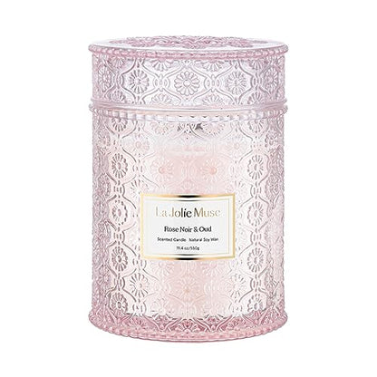 LA JOLIE MUSE Rose Noir & Oud Scented Candle, Rose Candle for Home, Candle Gift for Women, Wood Wicked Glass Jar Candles for Home Scented, Large Candle, Long Burning Time, 19.4 Oz