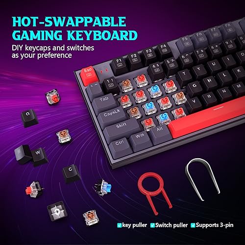 Redragon Mechanical Gaming Keyboard, Wired Mechanical Keyboard with 94 Keys, Programmable Macro Editing, Numeric Pad, Red Switches, Compact Keyboard Mechanical for Pc Mac Ipad, Black Gray