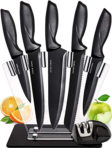 Home Hero Kitchen Knife Set, Chef Knife & Kitchen Sashimi Knives - Ultra-Sharp High Carbon Stainless Steel Knives with Ergonomic Handles (7 Pcs - Black)