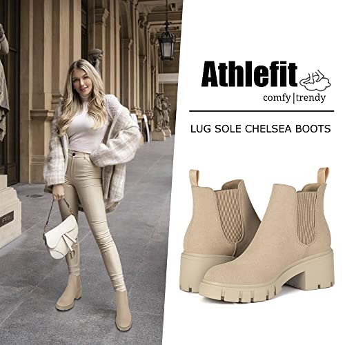 Athlefit Women's Chelsea Boots Fashion Lug Sole Chunky Heel Slip on Elastic Ankle Nude Booties Size 8