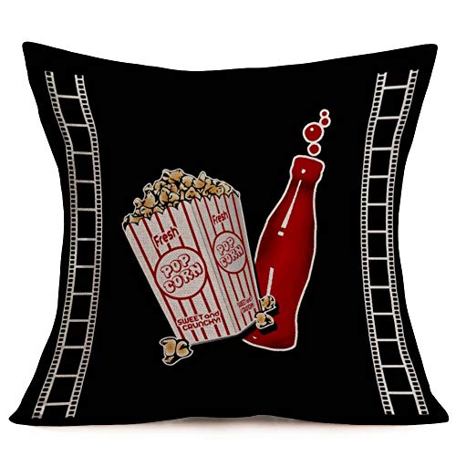 Asminifor Throw Pillow Cover Movie Theater with Popcorn Drink Film Reels Decorative Pillow Case Home Couch Decor Square 18 x 18 Inch Set of 4 Cinema Cushion Pillowcase (Black Cinema)