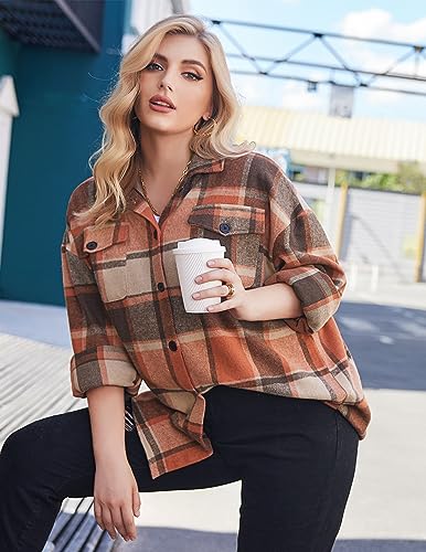 IN'VOLAND Womens Plus Size Plaid Shacket Jacket Casual Long Sleeve Flannel Shirts Button Down Fall Clothes Tops Orange 22W