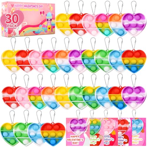 30Pack Valentines Cards for Kids Classroom with Heart Pop Bubble Fidget Keychain Toys, Bulk Prizes Toys for Valentines Day Party Favors School Classroom Exchange Gifts Pack for Kids