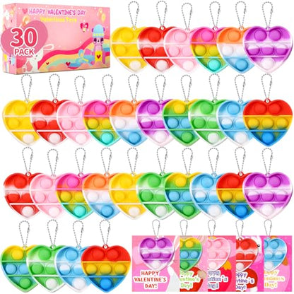 30Pack Valentines Cards for Kids Classroom with Heart Pop Bubble Fidget Keychain Toys, Bulk Prizes Toys for Valentines Day Party Favors School Classroom Exchange Gifts Pack for Kids