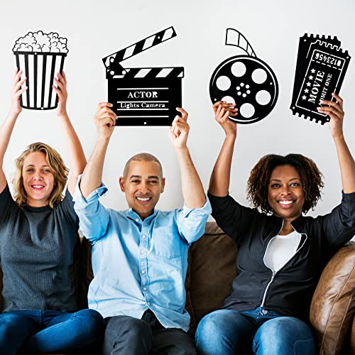 5 Pieces Movie Theater Decor Home Movie Theater Room Decor Cinema and Popcorn Wall Art Metal Movie Reel Wall Sign Home Theater Action Sign Cinema Movie Film Wall Decoration for Home Party Decor