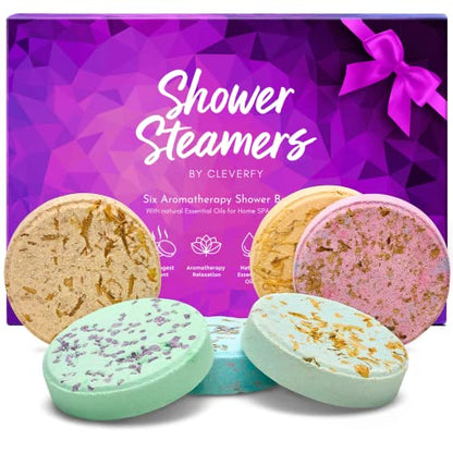 Cleverfy Shower Steamers Aromatherapy - Variety Pack of 6 Shower Bombs with Essential Oils. Self Care Christmas Gifts for Women and Stocking Stuffers for Adults and Teens. Purple Set