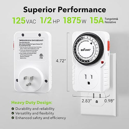 BN-LINK 24 Hour Plug-in Mechanical Timer Grounded for Aquarium, Grow Light, Hydroponics, Indoor Lighting, Home Appliances, ETL Listed 125VAC, 60 Hz, 1875W, 15A, 1/2HP (1 Pack)