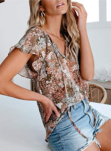 Dokotoo Womens Boho Tops and Blouses Floral Printed Cap Sleeve V Neck Ladies Summer Chiffon Shirts with Drawstring Medium Khaki