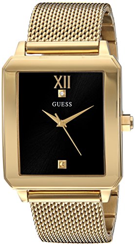 GUESS Retangular Gold-Tone + Stainless Steel Mesh Bracelet Watch wtih Black Genuine Diamond Dial. Color: Gold-Tone (Model: U1074G3)