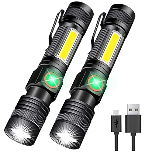 Flashlight USB Rechargeable, Magnetic LED Flashlight, Super Bright LED Tactical Flashlight with Cob Sidelight, 2000LM, Waterproof, Zoomable Best Small LED Flashlight for Camping, Emergency Flashlight