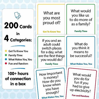 200 Family Conversation Cards - Put Down The Phones & Connect with Your Family - Get to Know Each Other Better with Meaningful Talk - Let Kids Express Themselves, Great for Dinner Table & Road Trips