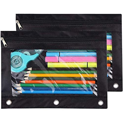 TOPWOOZU Pencil Pouch 3 Ring, Zipper Pencil Pouches Case Binder Cosmetic Bag Black 2 Pack