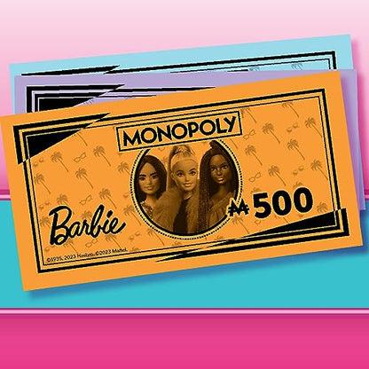 Monopoly: Barbie Edition Board Game, Ages 8+, 2-6 Players, Fun Family Games for Kids and Adults, with 6 Barbie-Themed Pink Zinc Tokens, Kids Gifts