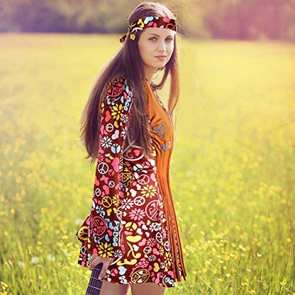 SATINIOR Women Hippie Costume Set Peace Sign Earring Necklace Headband Dress Ankle Socks