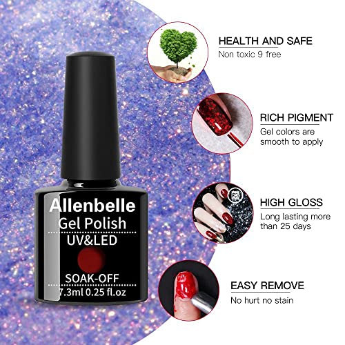 Allenbelle Gel Nail Polish Set,Glitter Gel Nail Polish Kit,Glitter Gel Polish Gel Nail Kit, UV LED Soak Off Glitter Nail Polish Gel Set Nail Art