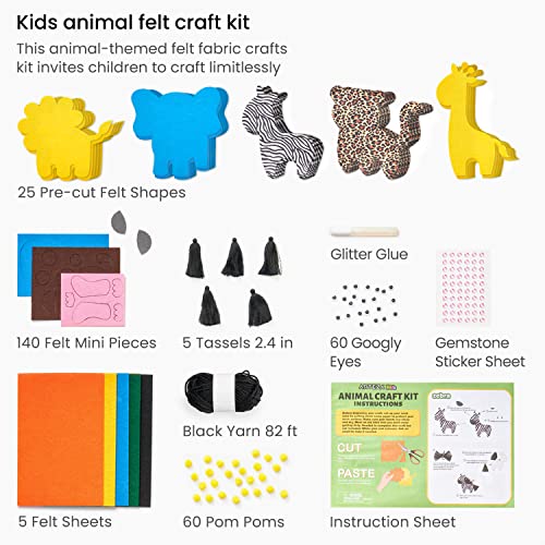 Arteza Kids Felt Kit, 357 Pieces, 25 Pre-Cut Animal Shapes, 5 Felt Sheets, 140 Mini-Pieces, Gemstone Stickers, Yarn, Glue, and Accessories – Educational Kids’ Craft Supplies to Inspire Creativity