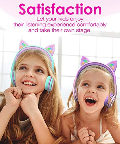 FosPower Kids Headphones with LED Cat Ears, 3.5mm On-Ear Wired Headset with Laced Cables for iPad/Smartphones/PC/Kindle/Tablet/Laptop/School (Max Volume 85dB) - Teal/Light Purple