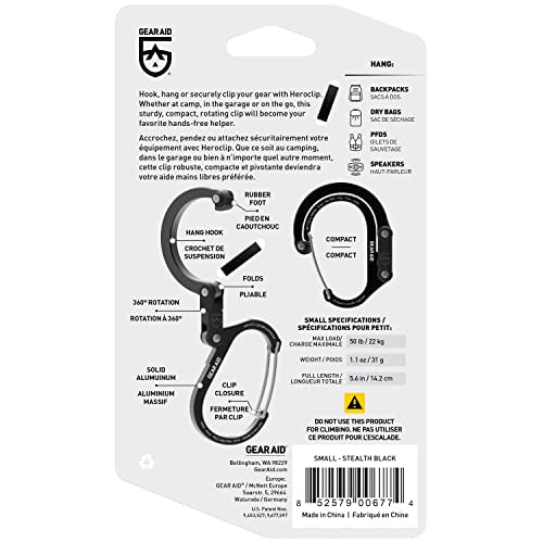 GEAR AID HEROCLIP Carabiner Clip and Hook (Small) For Purse, Stroller, and Backpack, Stealth Black