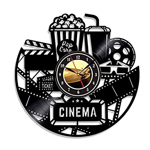 Home Theater Cinema and Popcorn Vinyl Record Wall Clock Movie Film Time Clock Watch Room Wall Home Theater Wall Decor Wall Art Gift for Movie Lover Gift Idea for a Best Friend