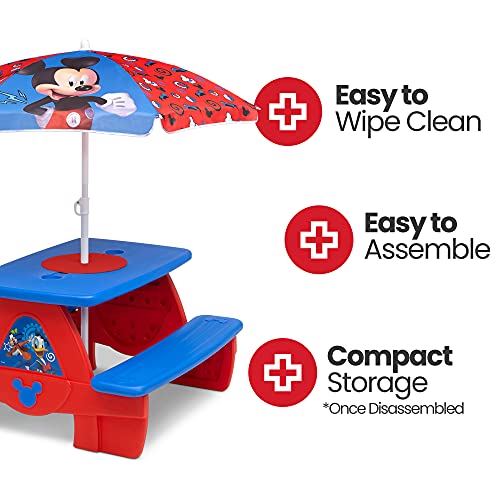 Disney Mickey Mouse 4 Seat Activity Picnic Table with Umbrella and Lego Compatible Tabletop by Delta Children, 32.5 in x 34.25 in x 53.5 in