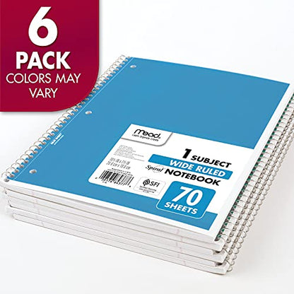 Mead Spiral Notebook, 6 Pack, 1-Subject, Wide Ruled Paper, 7-1/2" x 10-1/2", 70 Sheets per Notebook, Color Will Vary (73063)