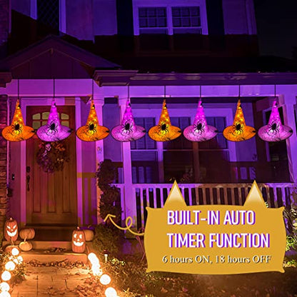 WATERGLIDE Halloween Decorations 8 Pcs Lighted Hanging Witch Hats, Remote Control with 8 Modes Light Up 14 FT Halloween String Lights, for Indoor Outdoor Yard, Lawn, Graveyard Scenes Party