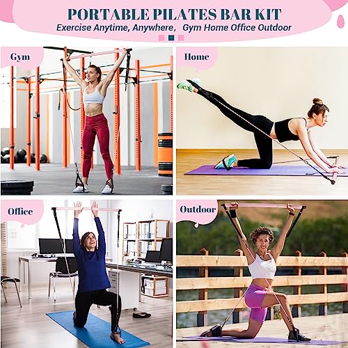 Pilates Bar Kit with Resistance Bands, Multifunctional Yoga Pilates Bar with Heavy-Duty Metal Adjustment Buckle, Portable Home Gym Pilates Resistance Bar for Women Full Body Workouts(20-150LBS)-Pink