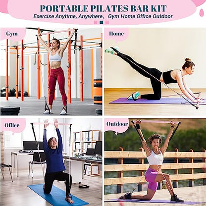 Pilates Bar Kit with Resistance Bands, Multifunctional Yoga Pilates Bar with Heavy-Duty Metal Adjustment Buckle, Portable Home Gym Pilates Resistance Bar for Women Full Body Workouts(20-150LBS)-Pink