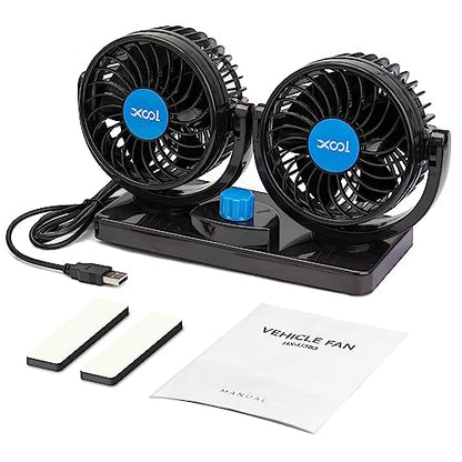 XOOL Car Fan, USB Portable Cooling Air Fan for Car, 360 Degree Rotatable Dual Head Desk Fans with 2 Speed Strong Wind for Dashboard SUV, RV, Vehicles, Boat, Home & Office - USB Powered