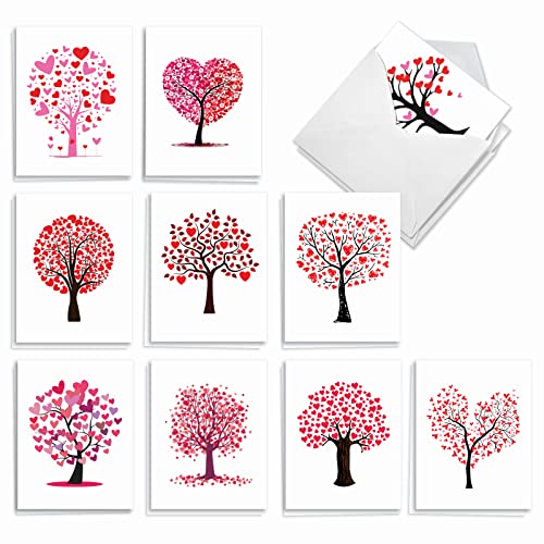 The Best Card Company - 20 Assorted Valentine's Day Hearts Cards Bulk (4 x 5.12 Inch) - Boxed Greetings (10 Designs, 2 Each) - Love Trees AM3185VDG-B2x10