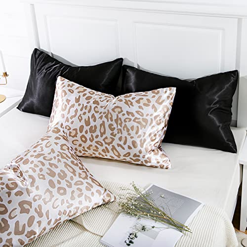 MR&HM Satin Pillowcase for Hair and Skin, Silk Satin Pillowcase 2 Pack, Queen Size Pillow Cases Set of 2, Silky Pillow Cover with Envelope Closure (20x30, Taupe Leopard)