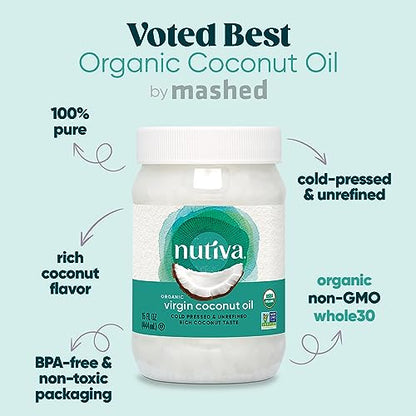 Nutiva Organic Coconut Oil 15 fl oz, Cold-Pressed, Fresh Flavor for Cooking, Natural Hair, Skin, Massage Oil and, Non-GMO, USDA Organic, Unrefined Extra Virgin Coconut Oil (Aceite de Coco)