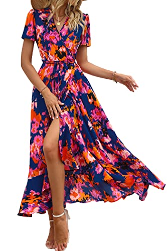 PRETTYGARDEN Women's Summer Wrap Maxi Dress Casual Boho Floral V Neck Short Sleeve Ruffle Hem Split Beach Long Dresses (Blue Orange Floral,XX-Large)