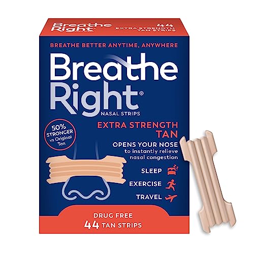 Breathe Right Nasal Strips, Extra Strength, Tan Nasal Strips, Help Stop Snoring, Drug-Free Snoring Solution & Instant Nasal Congestion Relief Caused by Colds & Allergies, 44Ct (Packaging My Vary)