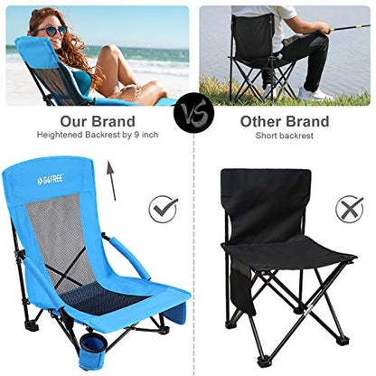 G4Free Low Sling Beach Chair, Folding Portable Beach Chair, Backpack Camping Chair for Adults with Mesh Back and Low Seat, Heavy Duty Reclining for Sand Camping (Blue)