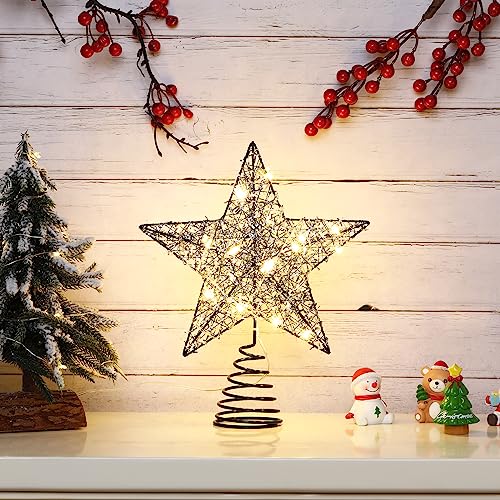 Roylvan Christmas Star Tree Topper with 8 Lighting Modes, USB Christmas Star Treetop with Timer Decorative Light with Silver Strip, 20 LED Light Xmas Tree Top Decor for Home Indoor Outdoor, Black