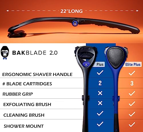 BAKblade 2.0/Elite Plus - Back Hair Removal and Body Shaver (DIY), Easy to Use Ergonomic Handle for a Close, Pain-Free Shave, 3 of The Wet or Dry Disposable Razor Blades, Scrubbing Sleeve Included