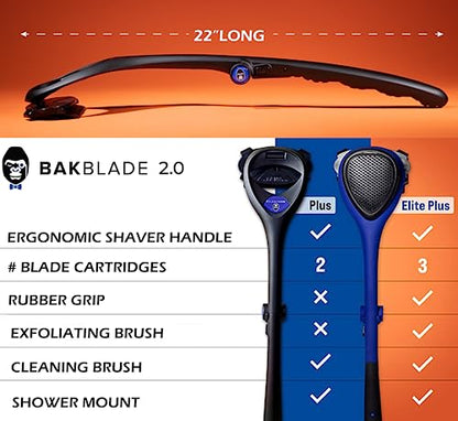 BAKblade 2.0/Elite Plus - Back Hair Removal and Body Shaver (DIY), Easy to Use Ergonomic Handle for a Close, Pain-Free Shave, 3 of The Wet or Dry Disposable Razor Blades, Scrubbing Sleeve Included