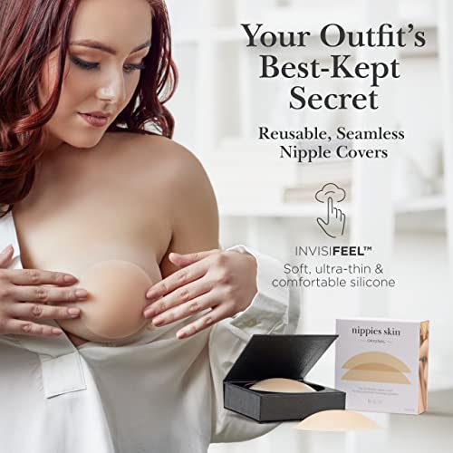 Nippies Nipple Cover - Sticky Adhesive Silicone Nipple Pasties - Reusable Pasty Nipple Covers for Women with Travel Box Crème