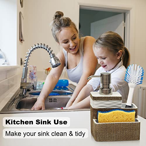 Suanti Kitchen Dish Soap Dispenser with Sponge Holder&Brush Holder for Sink Organize Eco-Friendly Resin Hand Soap Sponge Dispenser 3 in 1 Hold 11oz Liquid Dish Soap,Scrubber for Bathroom-Brown&White