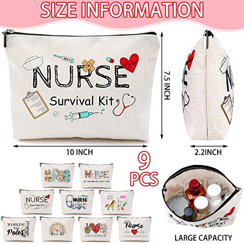 9 Pieces Nurse Gifts for Women Nurse Appreciation Cosmetic Bag Nurse Survival Kit Bulk Funny Nurse Graduation Gift Makeup Bag Toiletry Zipper Pouch Bag for Thank You Nursing School Graduation Present