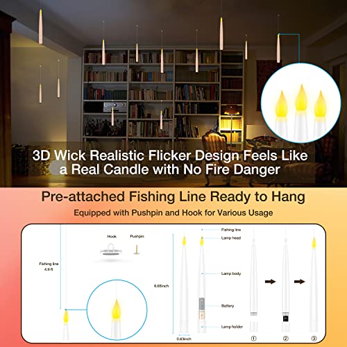 Halloween Decorations, Floating Candles with Magic Wand Remote, 6.6" Flameless Candles Battery Operated Hanging Window Candles, Flickering Electric LED Candles for Christmas Halloween Decor (12 pack)