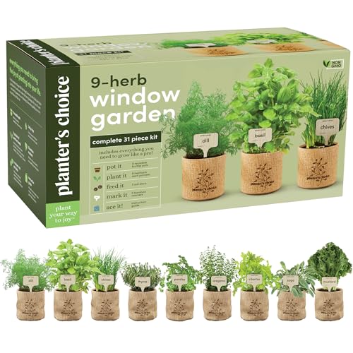 9 Herb Indoor Window Garden Kit - House Plants Seeds - Best Unique Gift Ideas for Women, Mom, Friend, Her, Birthday, Housewarming, Mother - New Home Kitchen Gifts - Live Plant Starter (Burlap Pots)