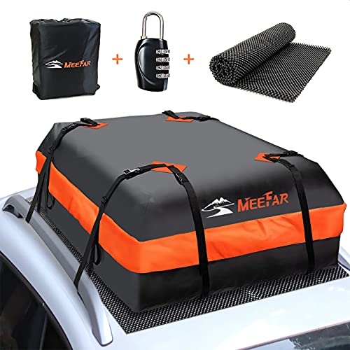 MeeFar Car Roof Bag XBEEK Rooftop top Cargo Carrier Bag Waterproof 15 Cubic feet for All Cars with/Without Rack, Includes Anti-Slip Mat, 8 Reinforced Straps, 6 Door Hooks, Luggage Lock