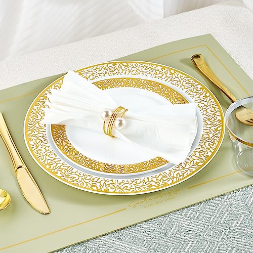 150 Count Gold Dinnerware Set, Elegant Plastic Plates Disposable Include: 25 Gold Lace Plastic Plates, 25 Dessert Plates, 25 Forks, 25 Knives, 25 Spoons, 25 Cup, Ideal for Party, Birthday