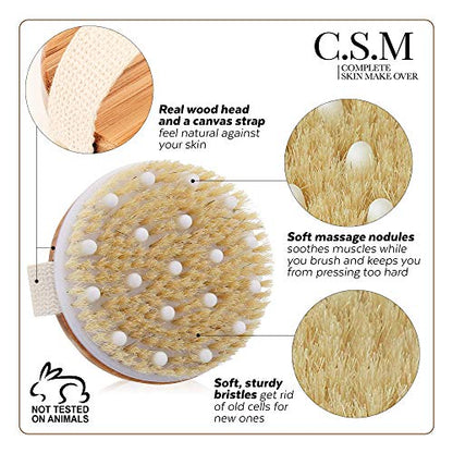 CSM Dry Body Brush for Beautiful Skin - Solid Wood Frame & Boar Hair Exfoliating Brush to Exfoliate & Soften Skin, Improve Circulation, Stop Ingrown Hairs, Reduce The Appearance of Acne and Cellulite