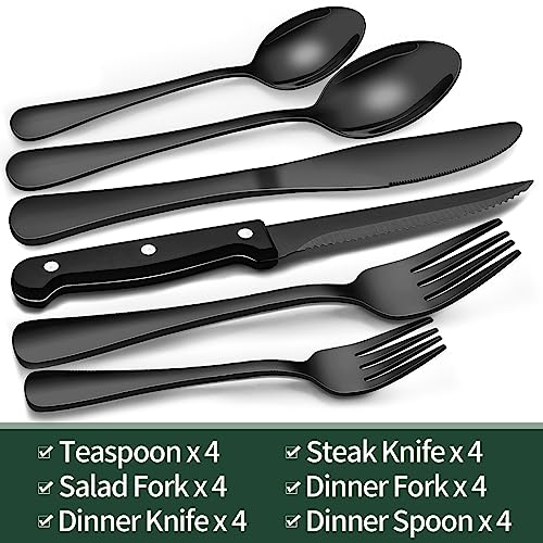 24-Piece Black Silverware Set with Steak Knives, Black Flatware Set for 4, Food-Grade Stainless Steel Tableware Cutlery Set, Mirror Finished Utensil Sets for Home Restaurant